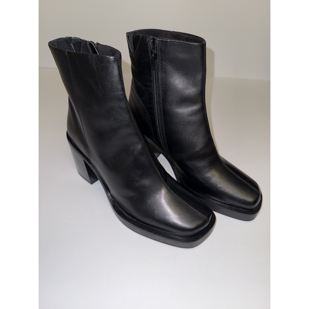 ASOS Black Square-Toe Mid-Calf Leather Ankle Boots - Picture 4 of 12
